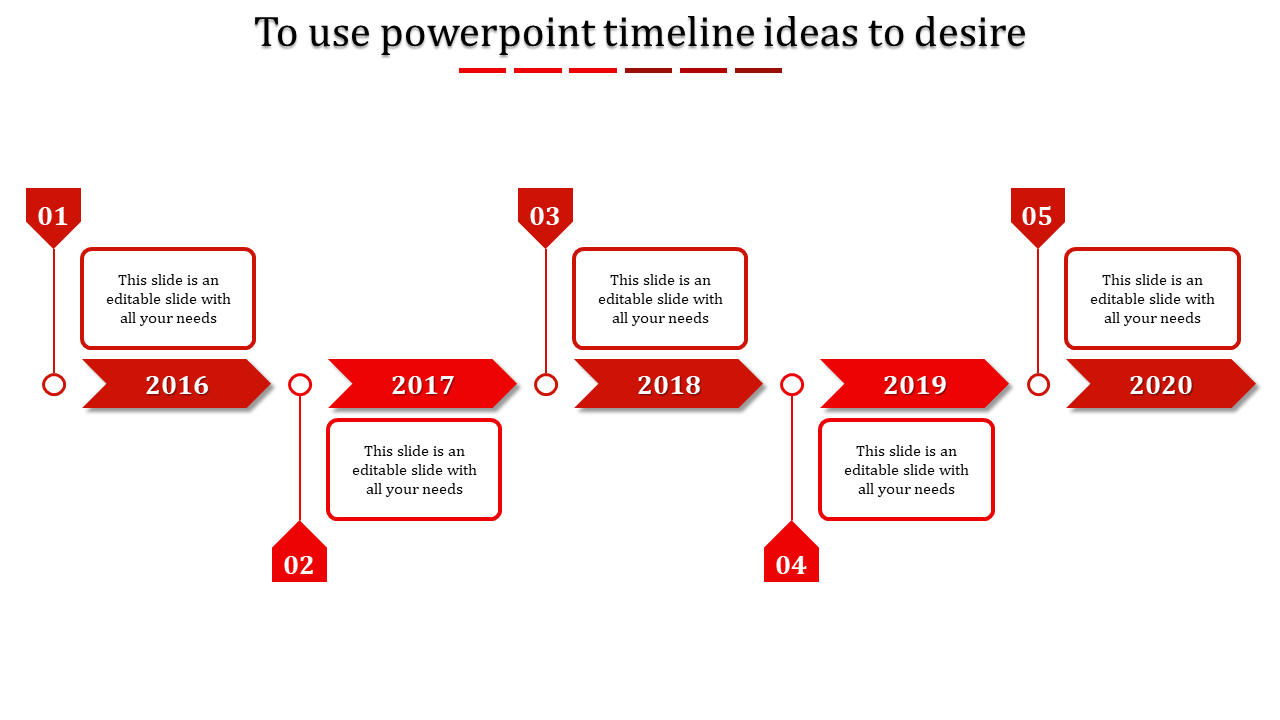 PowerPoint timeline template from 2016 to 2020, featuring year labels with red arrow markers with placeholder text.