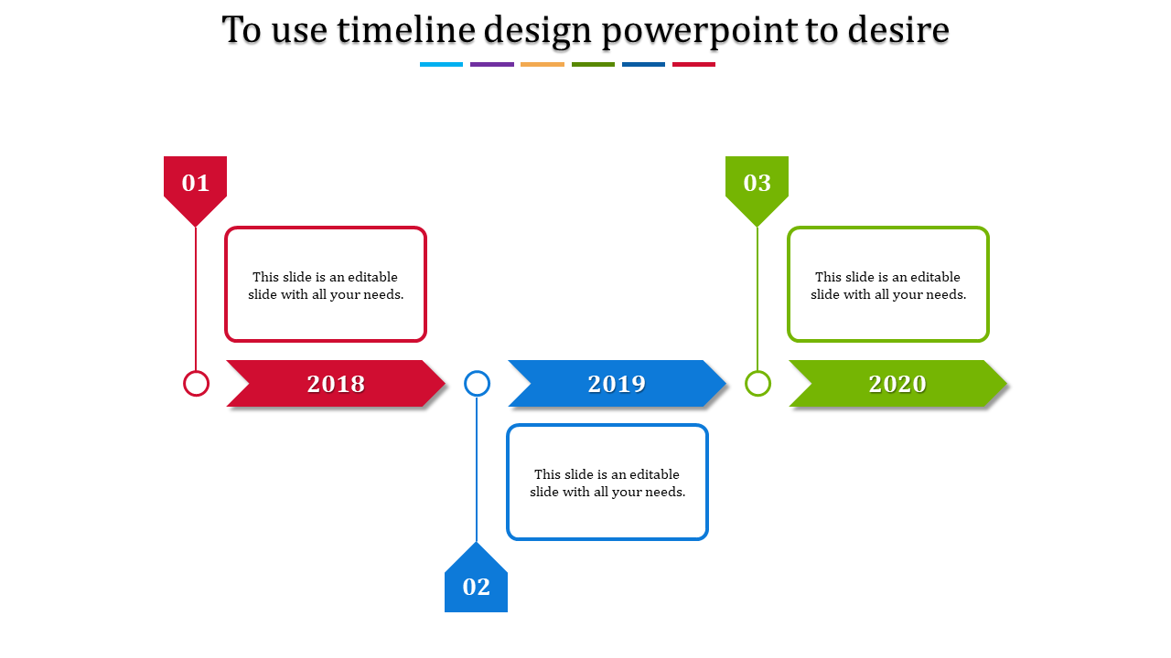 Timeline design slide with sections for 2018, 2019, and 2020, each with color coded text box.