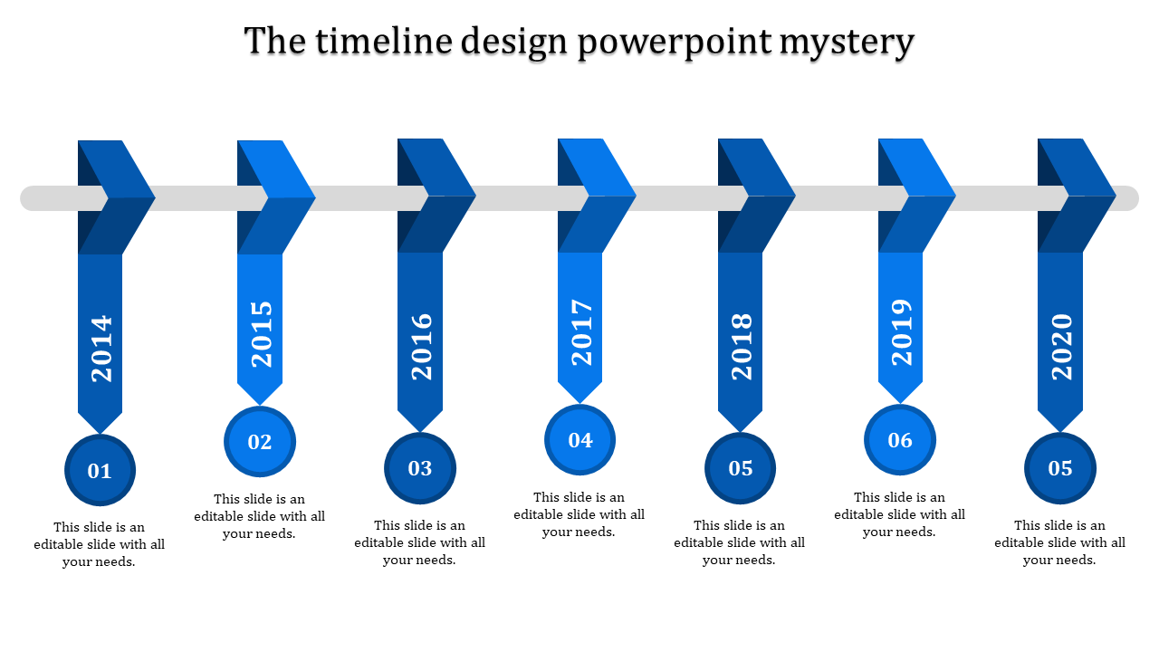 Blue vertical ribbons linked to circular markers on a horizontal gray line, showing a sequence of years from 2014  to 2020.