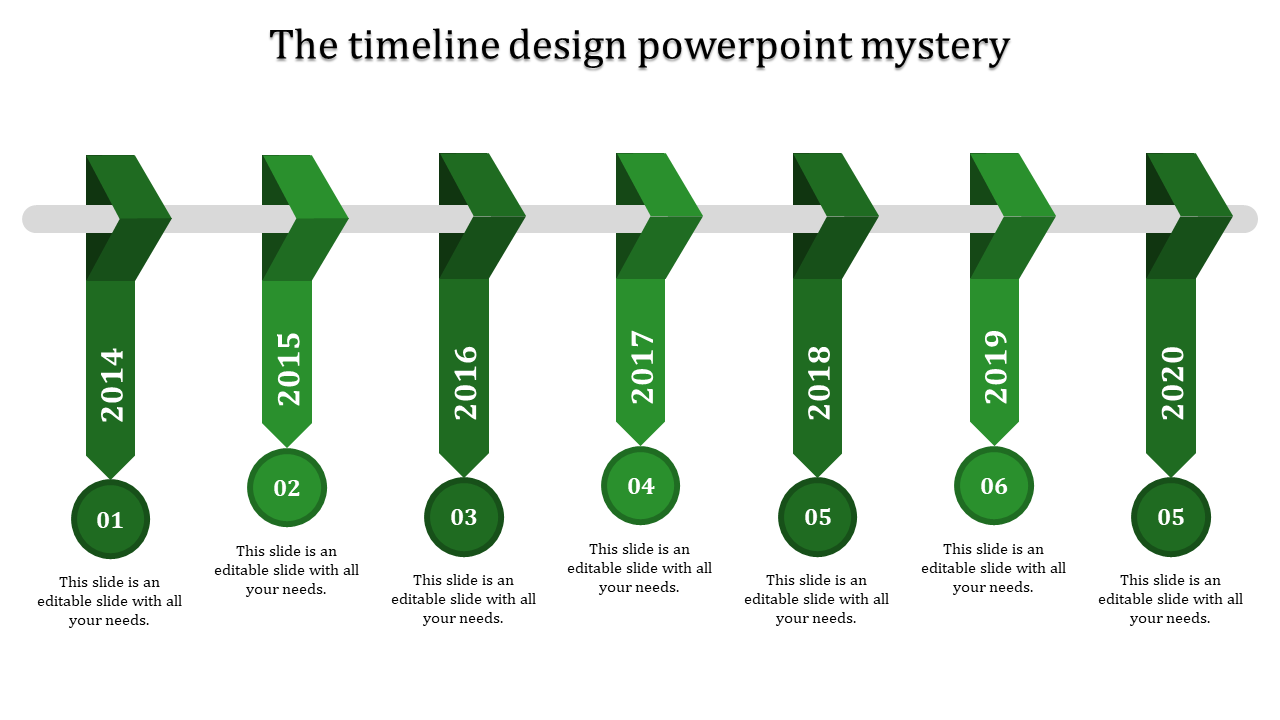 Timeline PowerPoint template with green arrows and numbered years from 2014 to 2020, with space for content.