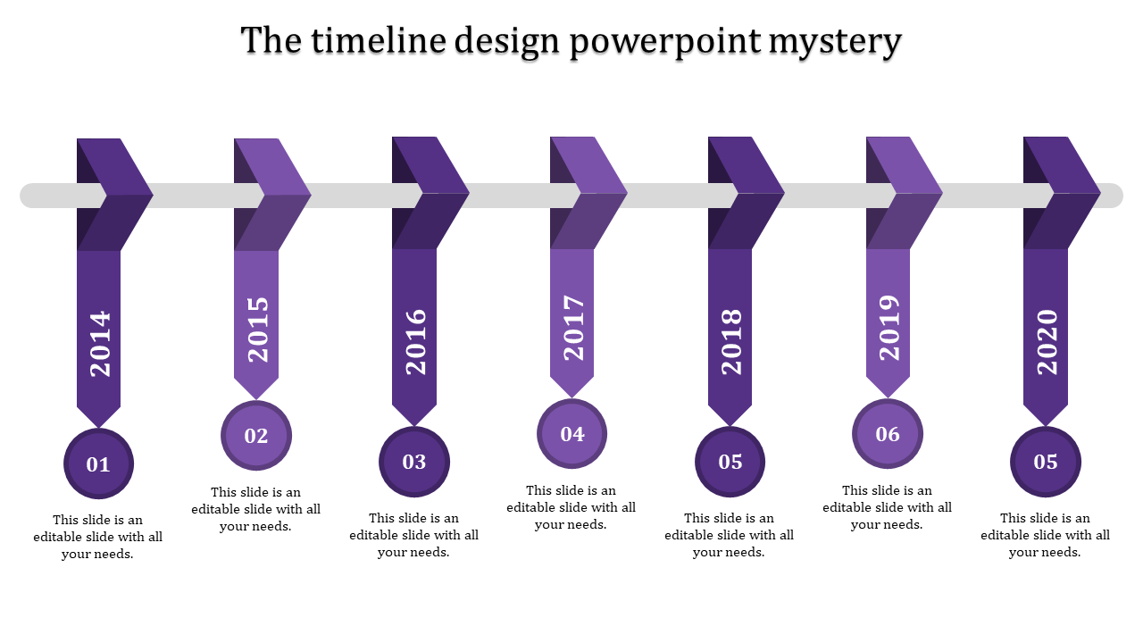Purple gradient timeline design with arrows and circles marking years 2014 to 2020 along a horizontal line.