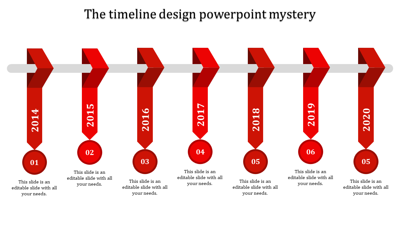 Timeline PowerPoint template with red arrows and numbered years from 2014 to 2020, with space for content.