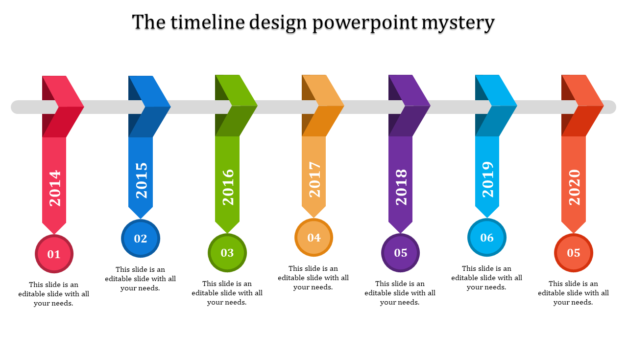 Timeline with ribbons in red, blue, green, orange, purple, and teal for years 2014 to 2020, linked to circular labels.