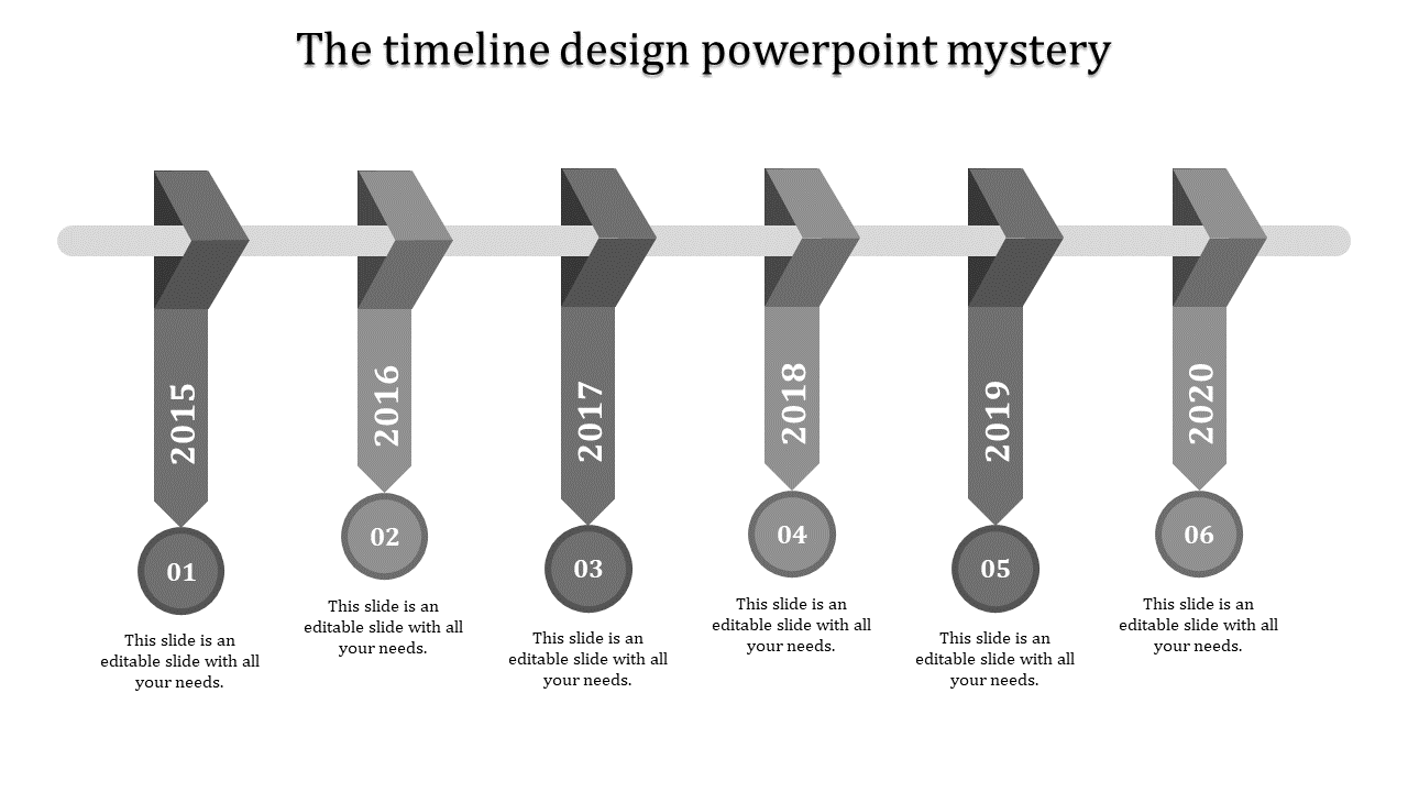 Gray themed timeline with vertical arrow markers labeled 2015 to 2020, connected to circular year icons below.