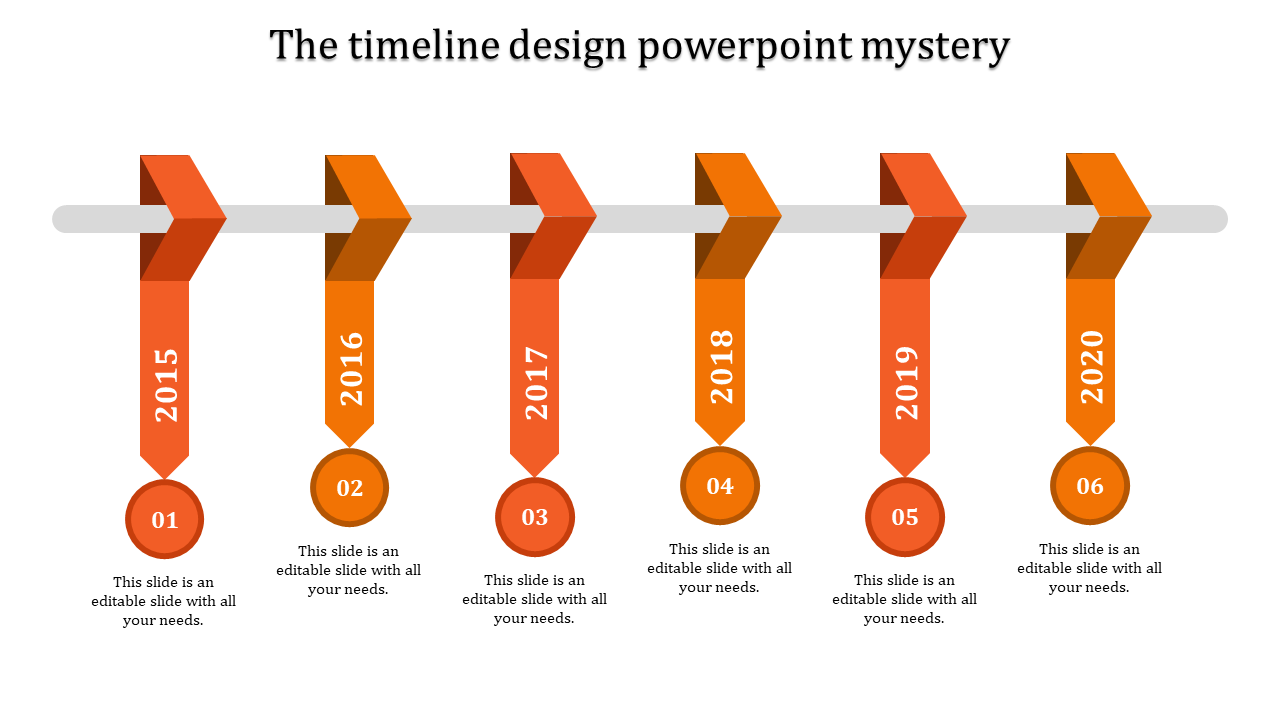 Timeline design PowerPoint slide featuring six orange years from 2015 to 2020 with labels and descriptions.