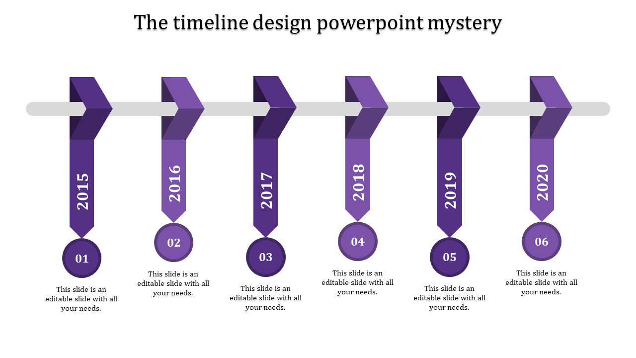 Purple timeline design with six vertical arrows descending from a horizontal bar, each linked to year markers.