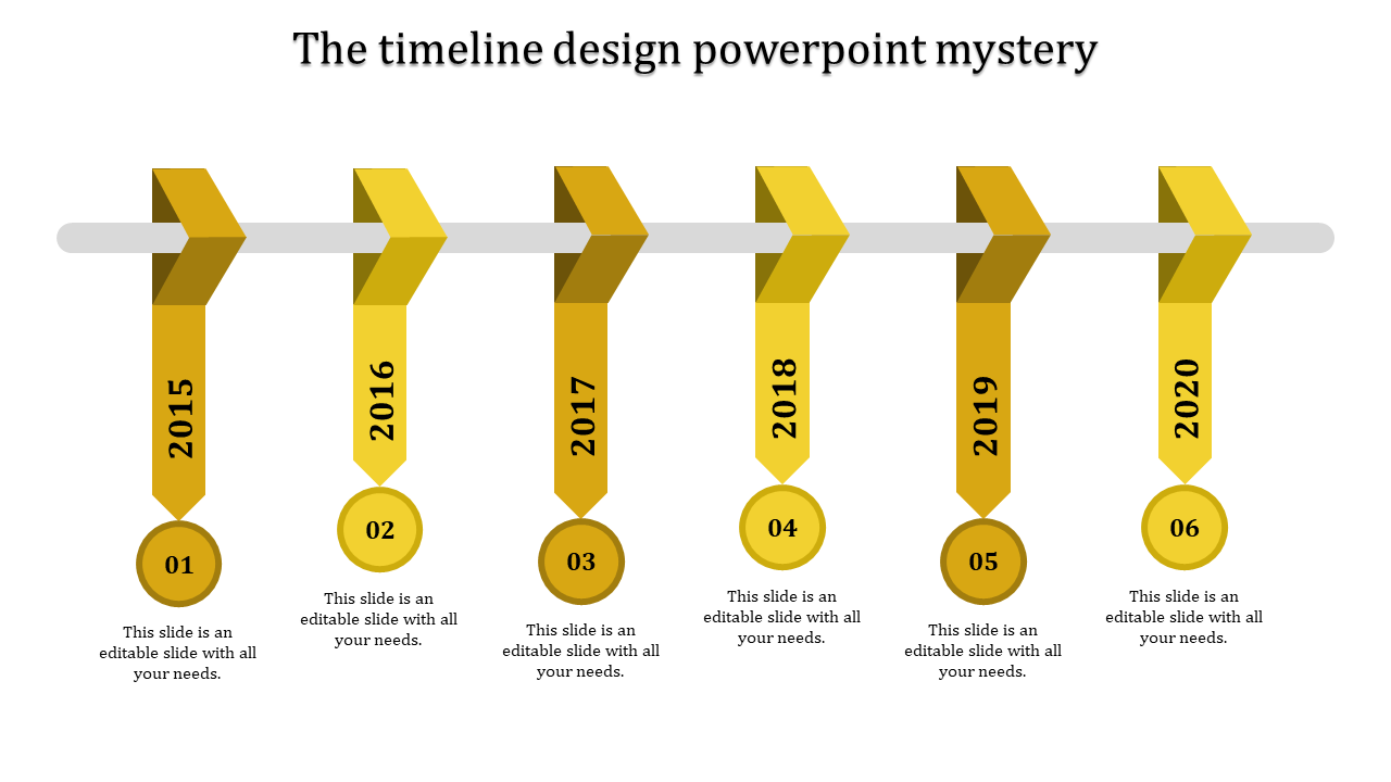 Timeline design PowerPoint slide featuring six yellow years from 2015 to 2020 with labels and descriptions.