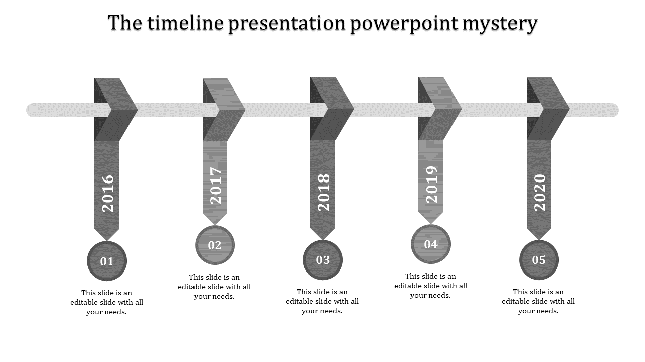 Timeline PowerPoint template with grey arrows representing the years 2016 to 2020, each with placeholders for content.