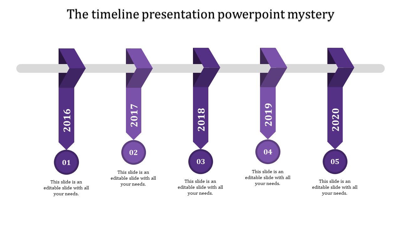 Timeline PowerPoint template with purple arrows representing the years 2016 to 2020, each with placeholders for content.