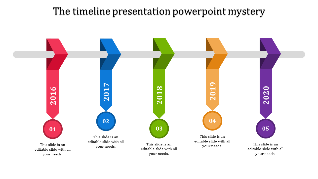 Timeline PowerPoint template with colorful arrows representing the years 2016 to 2020, each with placeholders for content.