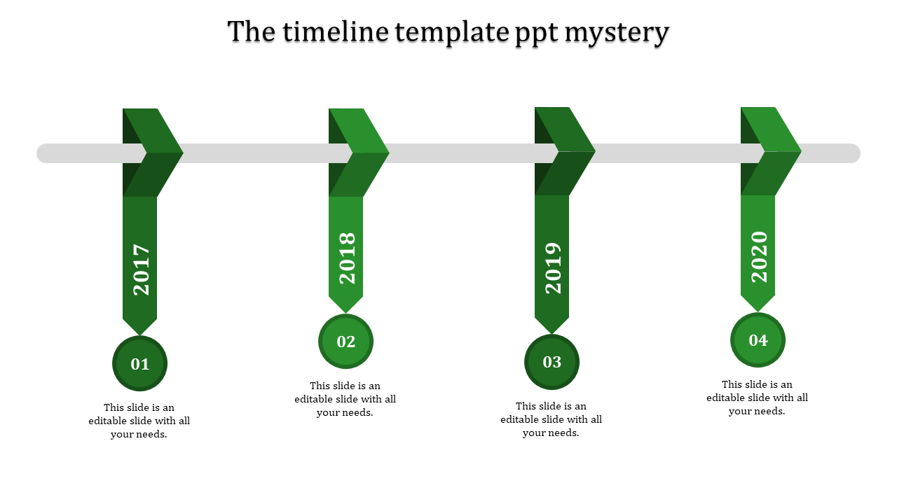 Green PowerPoint slide featuring a timeline for 2017 to 2020 with corresponding captions with placeholder text.
