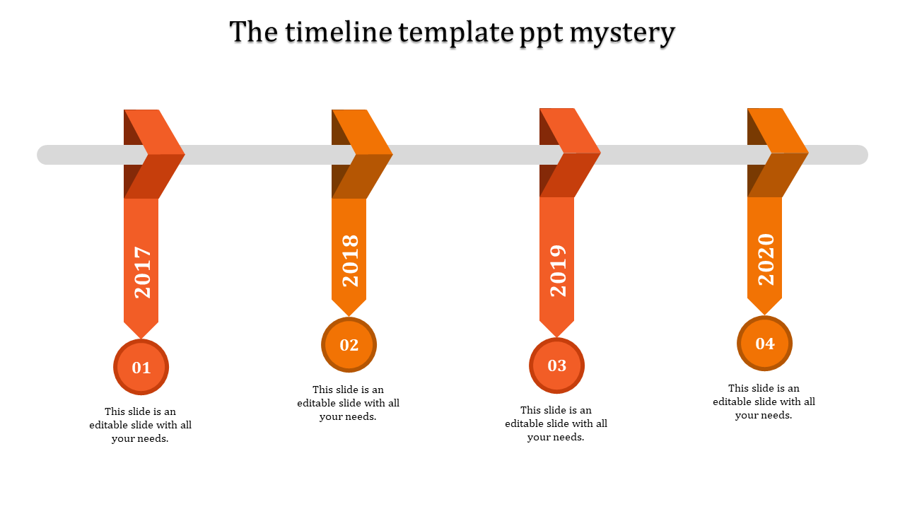 Four orange ribbon markers hanging from a gray timeline bar, each representing a year from 2017 to 2020.