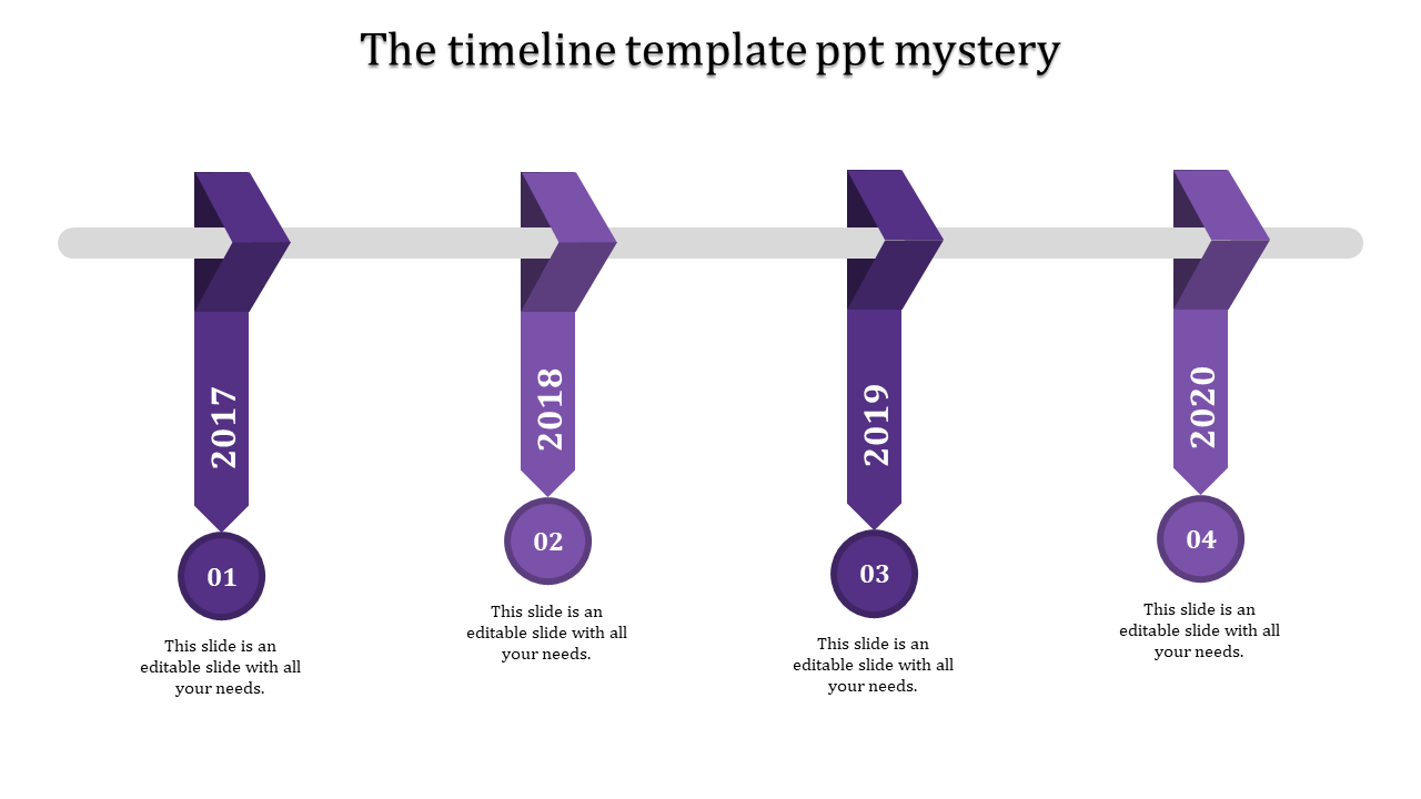Horizontal timeline with purple arrows from 2017 to 2020, each connected to numbered circles 01 to 04.
