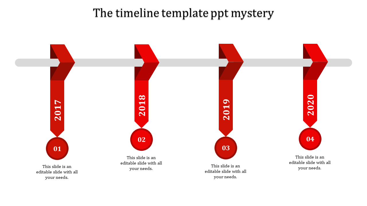 Red PowerPoint slide featuring a timeline for 2017 to 2020 with corresponding captions with placeholder text.