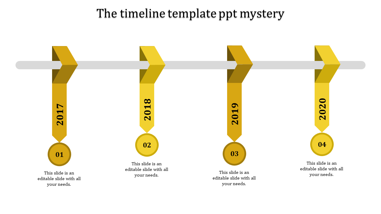 Modern timeline with 3D ribbon style markers in yellow shades, connected to a horizontal bar, showing years 2017 to 2020.