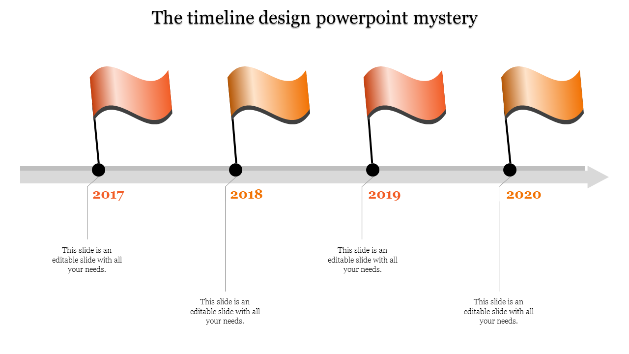 Timeline PowerPoint slide with orange flags marking 2017 to 2020 with placeholder text.