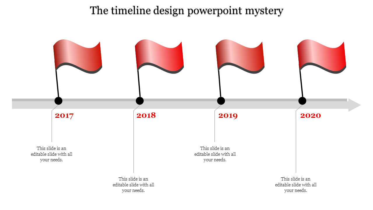 Red flag timeline showing years 2017 to 2020 on a gray horizontal arrow with placeholders text areas.