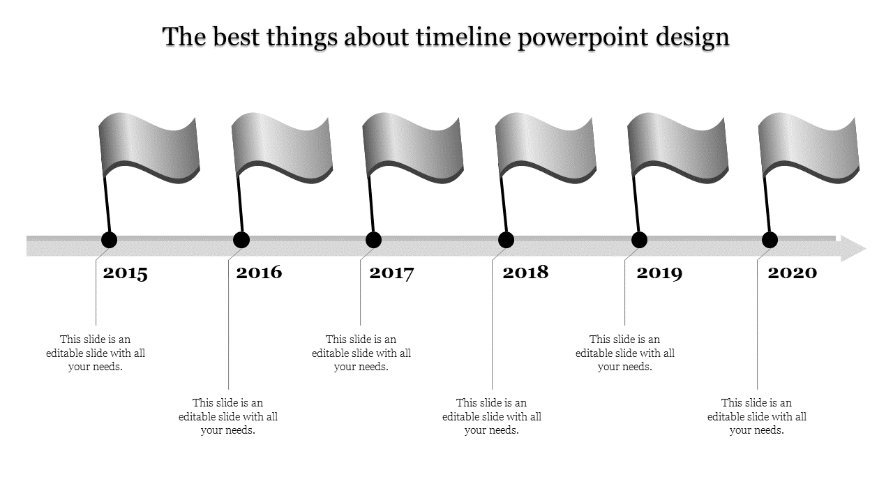 Horizontal timeline with six gray milestone flags marking years 2015 to 2020 on a metallic arrowed path.