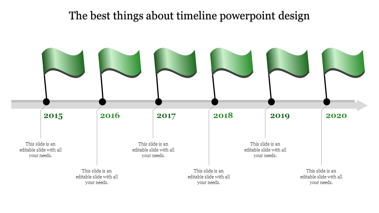 Green flag timeline showing years 2015 to 2020 on a gray horizontal arrow with placeholders text areas.
