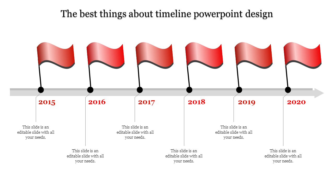 Red flag timeline showing years 2015 to 2020 on a gray horizontal arrow with placeholders text areas.