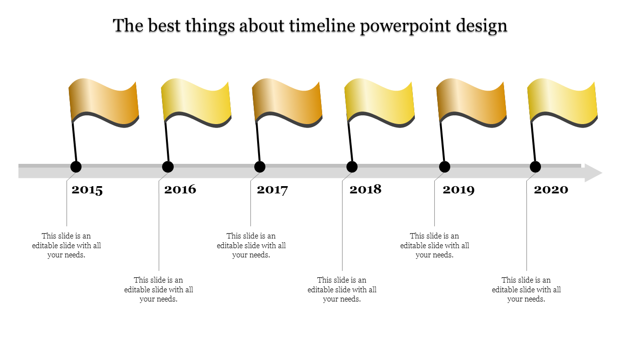 PowerPoint slide showcasing a timeline with yellow flags and captions for each year from 2015 to 2020 with placeholder text.