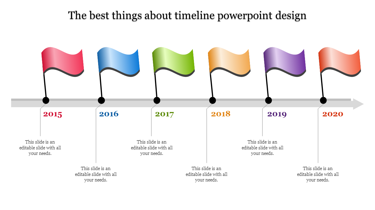 Six step timeline with gradient flags in red, blue, green, orange, purple, and red, connected by black markers.