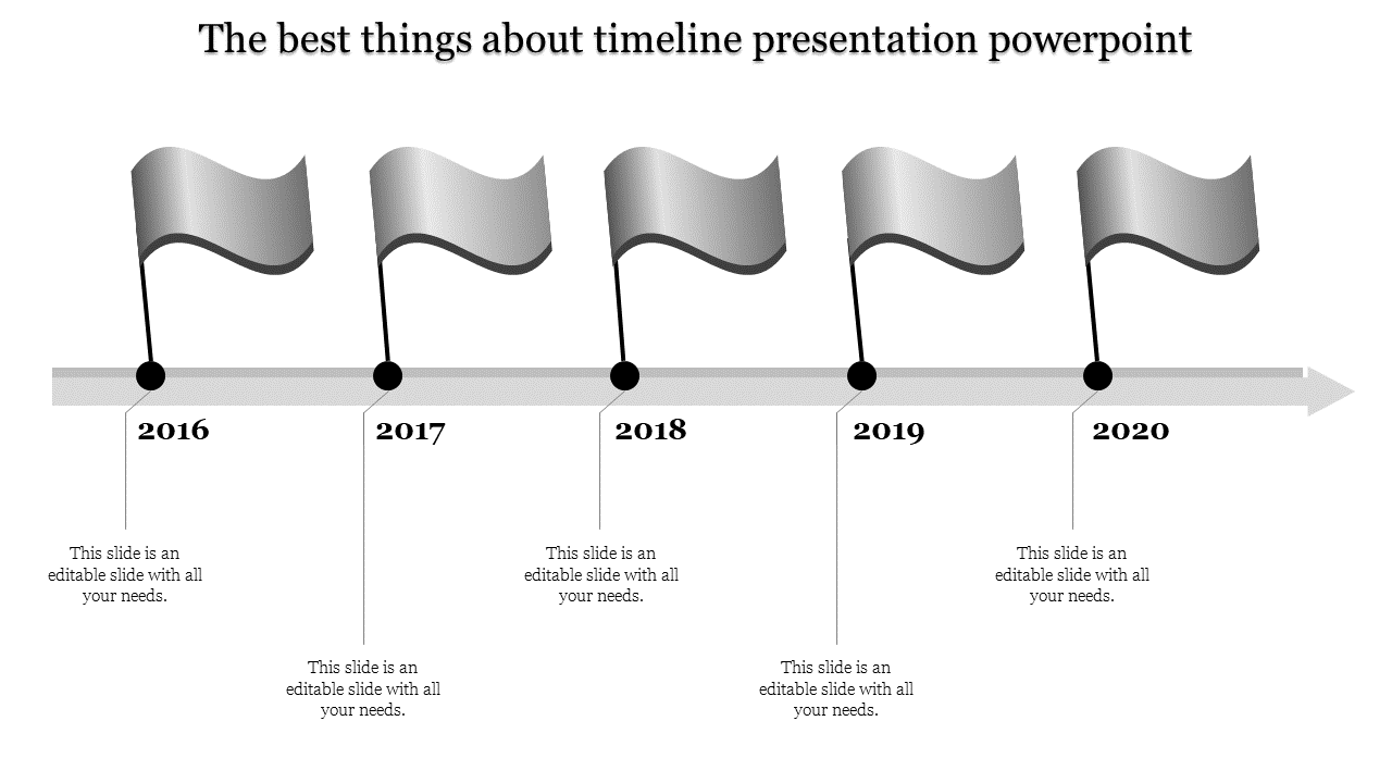 Timeline with gray flags for years 2016 to 2020 on an arrowed horizontal line with captions areas below.