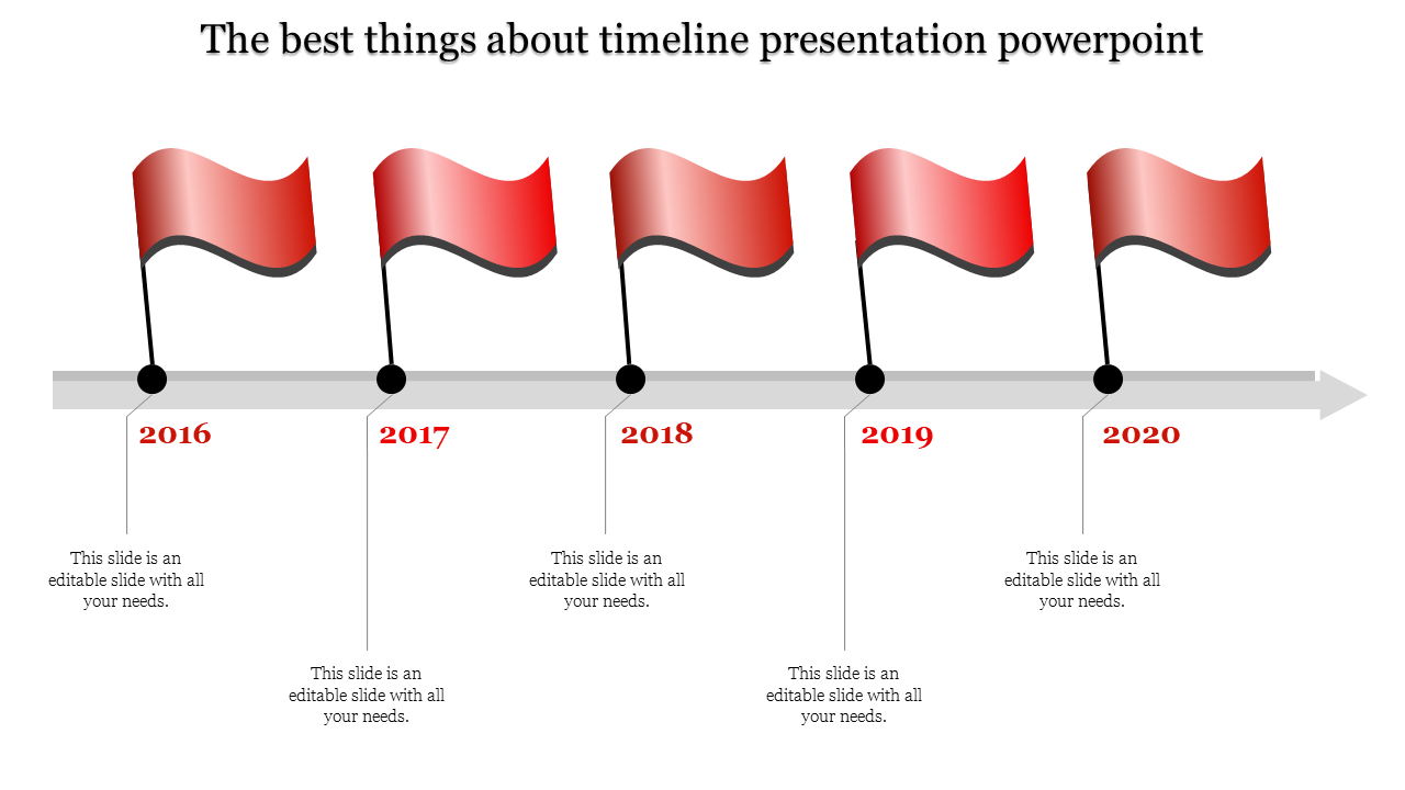 Timeline PowerPoint template with five red flags representing the years 2016 through 2020 with placeholder text.