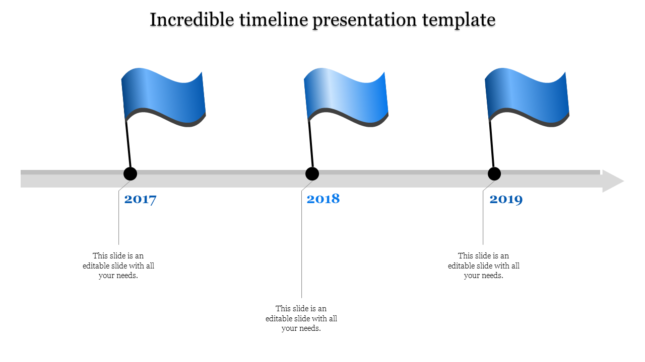 Three step timeline with blue flags marking 2017, 2018, and 2019, placed along a gray horizontal arrow.