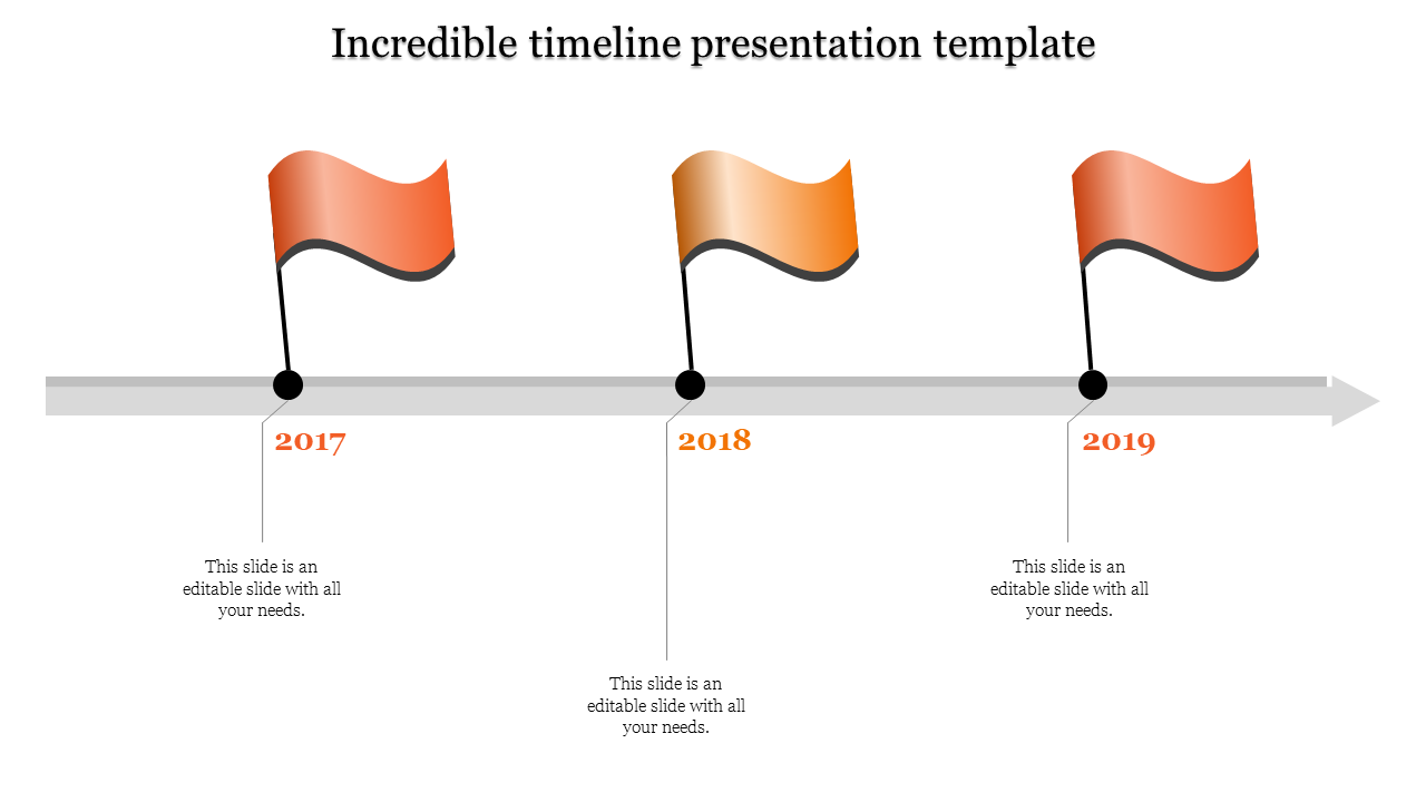 Timeline PowerPoint slide with orange flags for the years 2017, 2018, and 2019, each with captions.