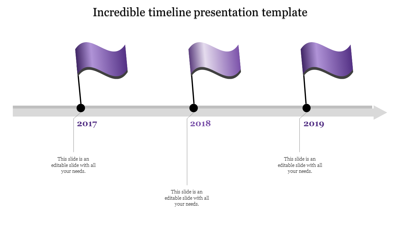 Infographic with a three year timeline, featuring purple gradient flags and black circular markers on a light background.