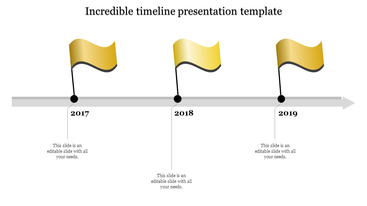 Yellow flag timeline showing milestones for 2017, 2018, and 2019 on a grey arrowed line placed with caption areas.