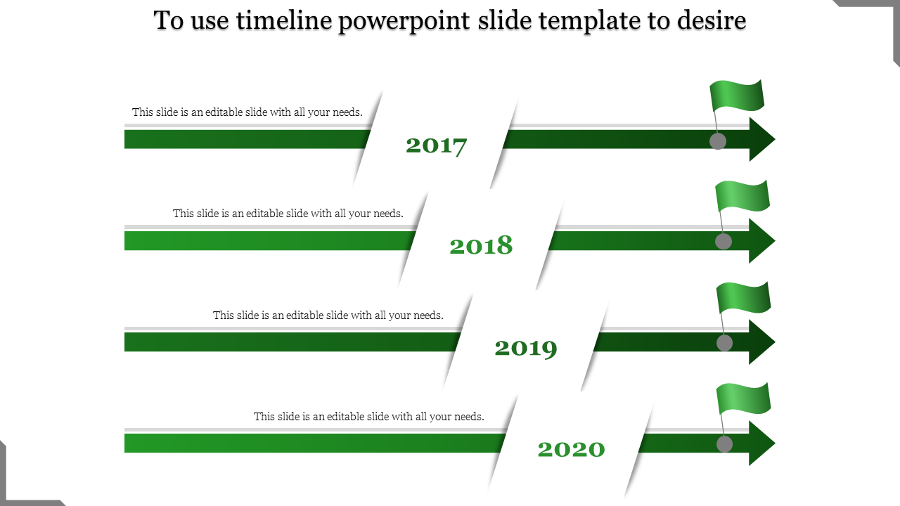 Four step green timeline with horizontal arrows, milestone flags, and year labels from 2017 to 2020 on a white background.