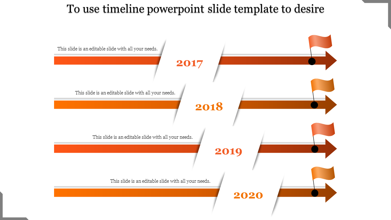 Timeline with orange arrows and redddish orange flags pointing to years, caption areas for 2017, 2018, 2019, and 2020.