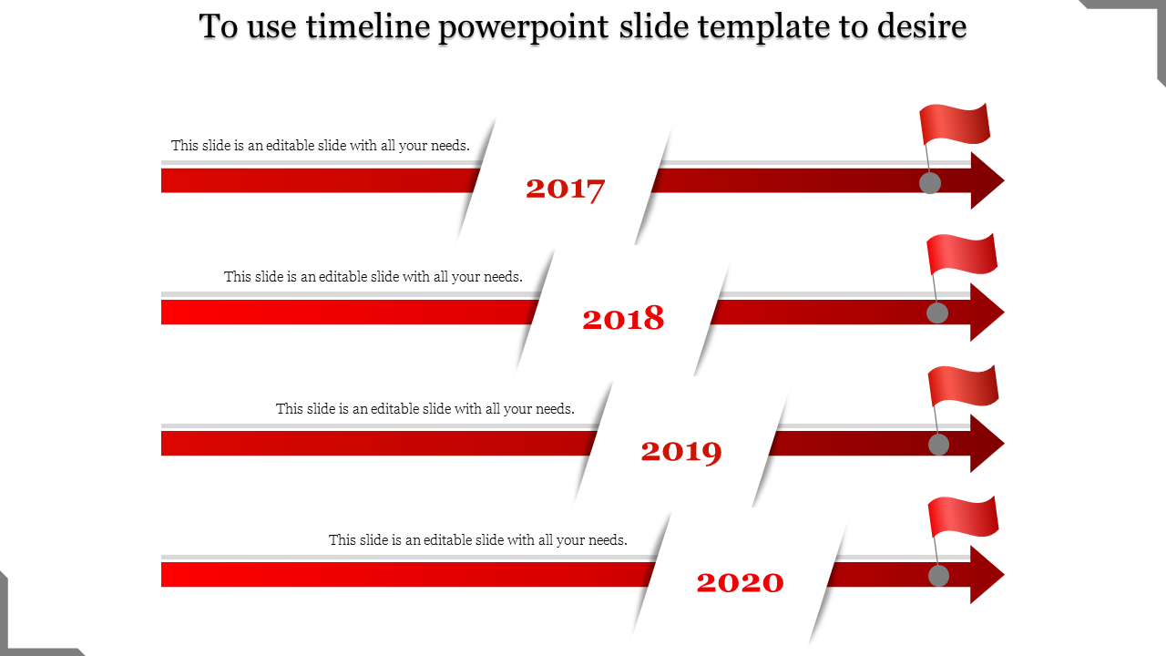 Horizontal timeline design with red gradient arrows, labeled milestones, and flag indicators for 2017 to 2020.