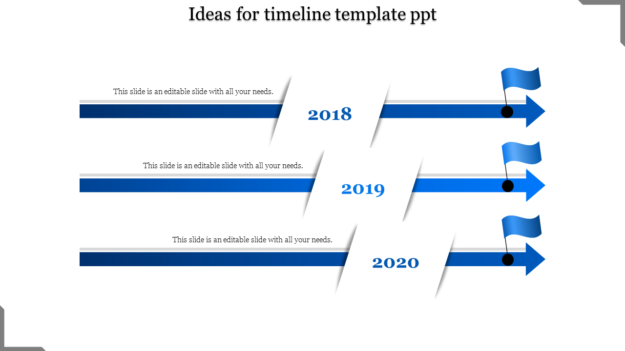 Timeline PowerPoint template with blue arrows and flags for 2018, 2019, and 2020 milestones, each with placeholder text.