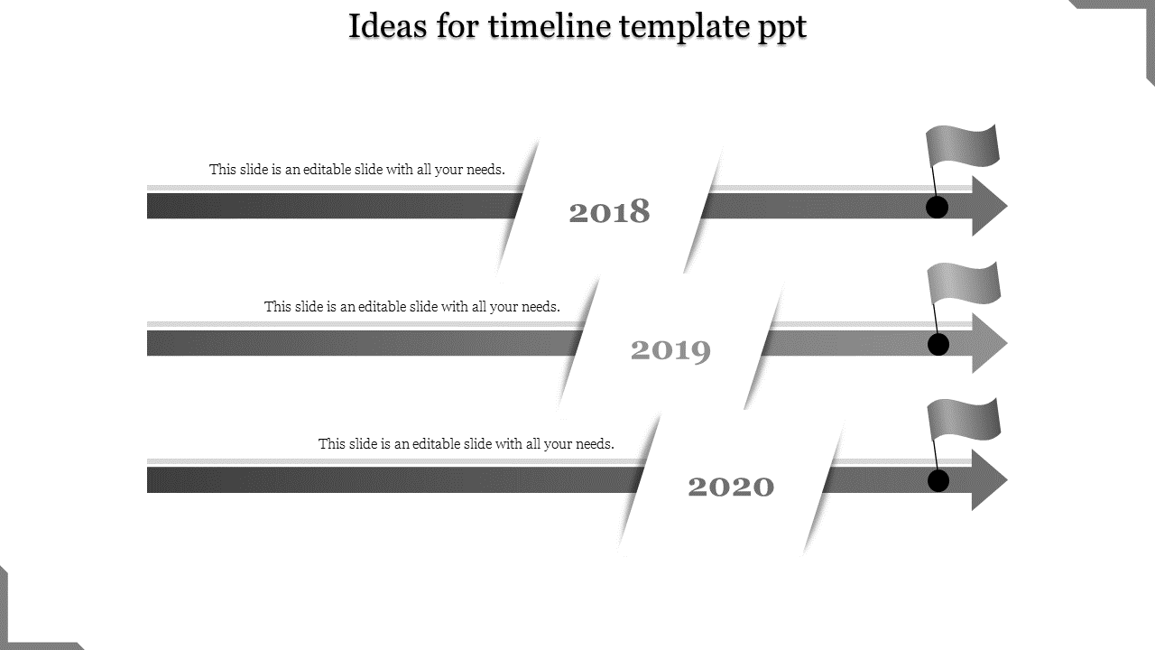 Monochrome timeline featuring three parallel arrows with milestone flags, and text labels representing sequential years.