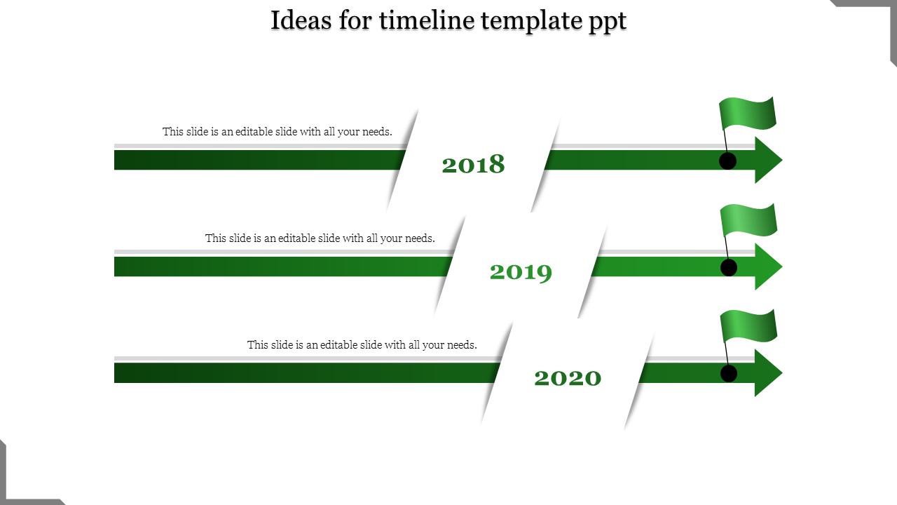 Three step red timeline with arrows pointing right and red flags marking years 2018, 2019, and 2020 with captions areas.