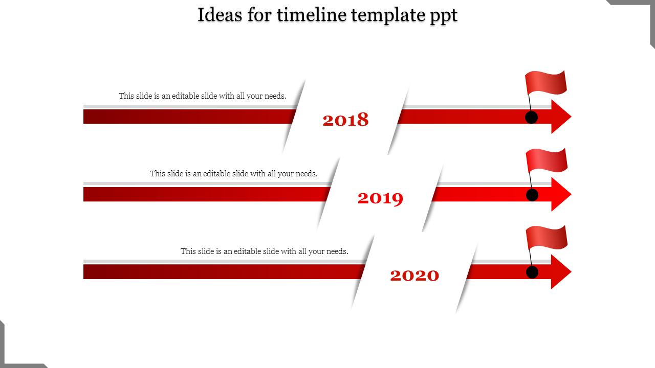 Three step red timeline with arrows pointing right and red flags marking years 2018, 2019, and 2020.