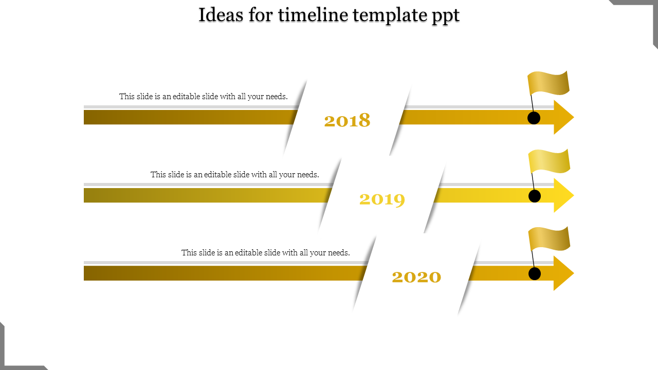 Timeline PowerPoint slide with yellow arrows and flags marking milestones for 2018, 2019, and 2020, with placeholder text.