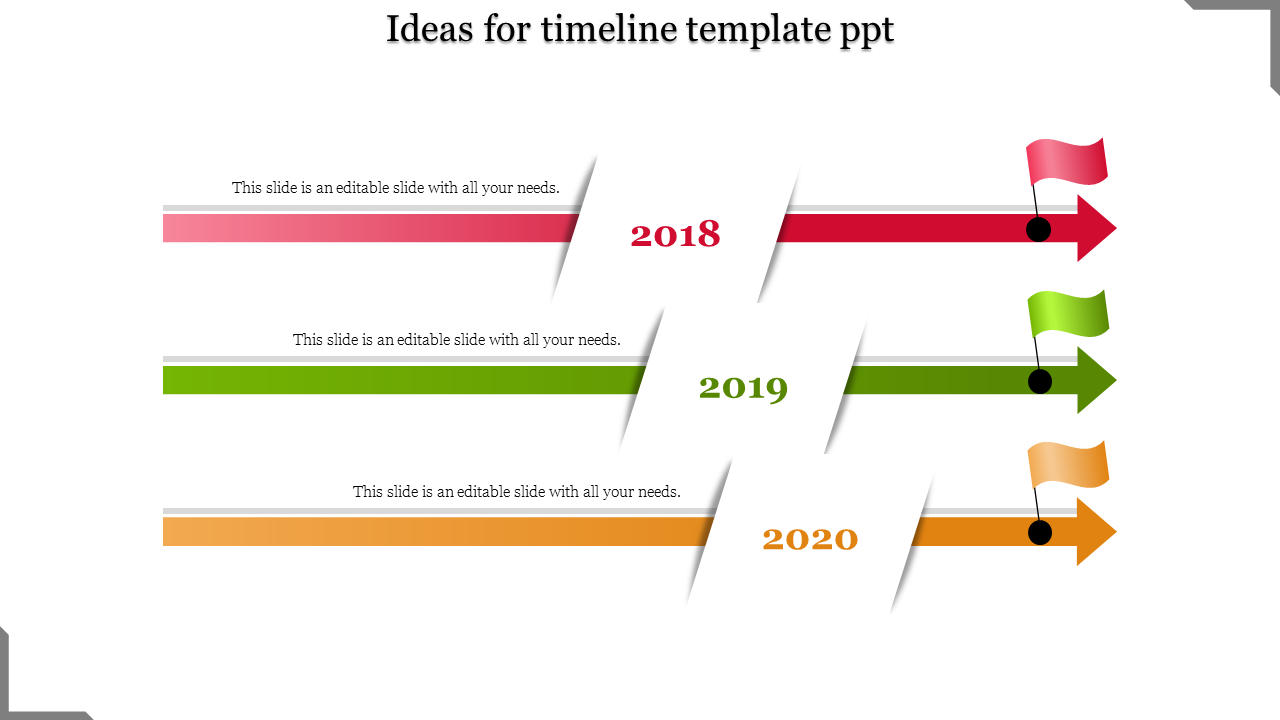 Three step timeline with red, green, and orange arrows for years 2018 to 2020, each ending with a flag marker.