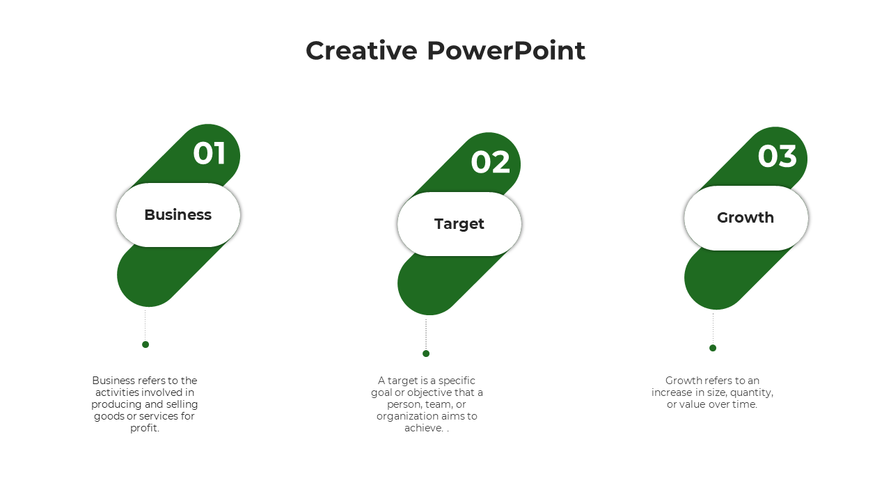 Creative PPT slide with green shapes marking milestones for Business, Target, and Growth, each with a brief description.