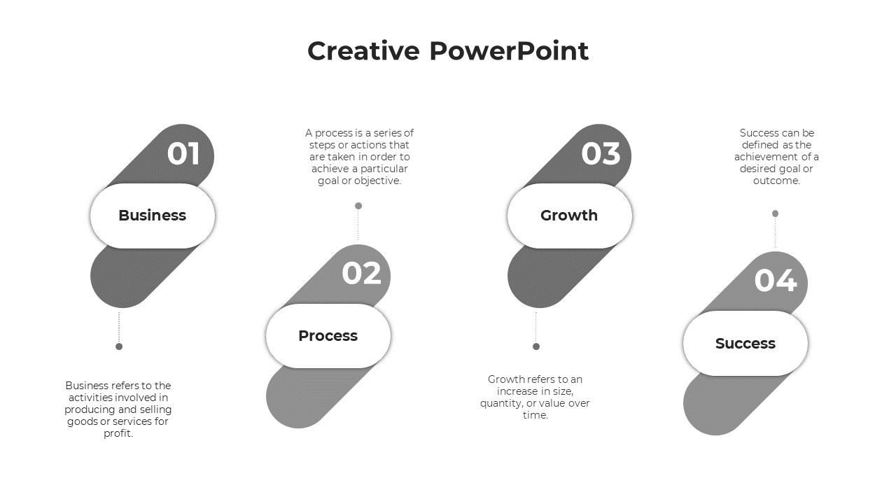 Creative gray timeline showing numbered stages and caption areas from Business to Success in diagonal layout.