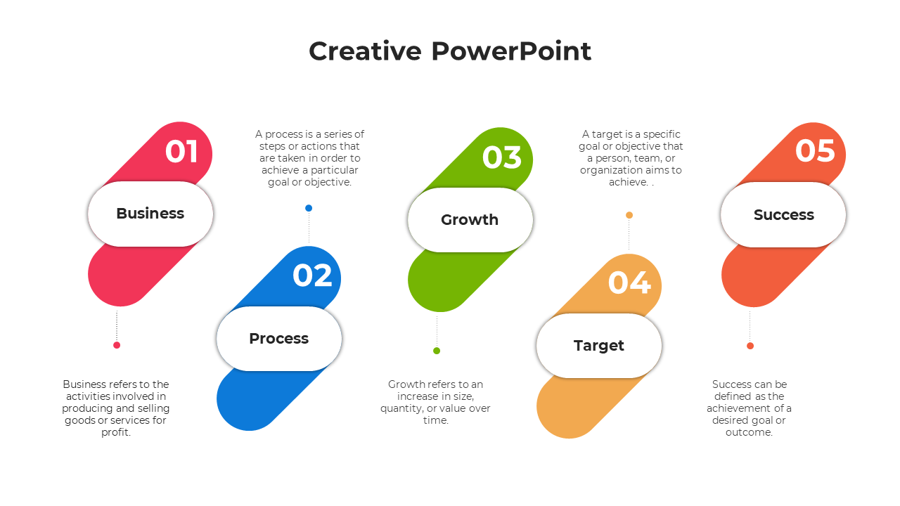 Creative PPT with five colored key business stages from Business to Success, each with an explanatory description.