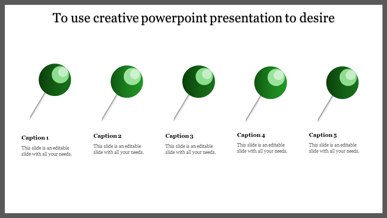 Creative layout displaying five evenly spaced green pushpins, each with a caption, framed by a gray border.