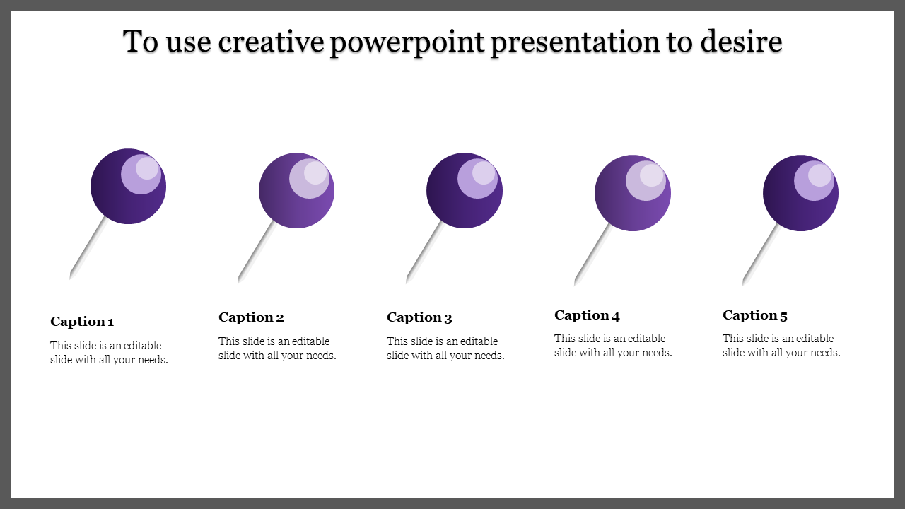 Creative PowerPoint template with five purple push pins, each featuring a caption below.