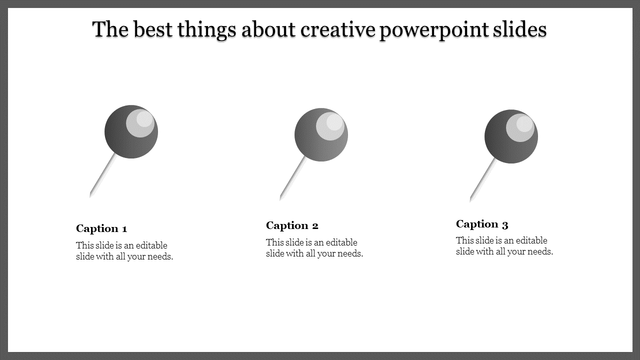 Horizontal layout for creative slide of glossy purple pushpins with reflective highlights and text captions.