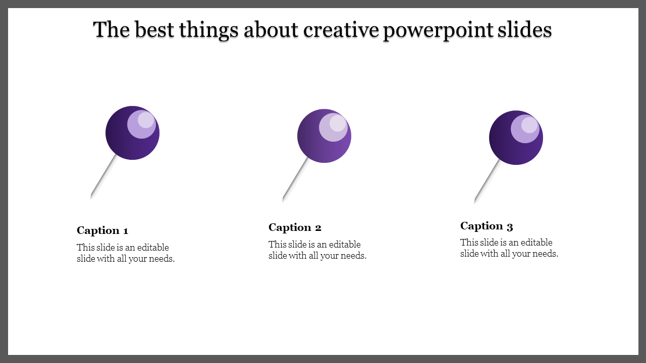 Three colorful pushpins for creative slide with shadow effects and corresponding captions areas underneath.