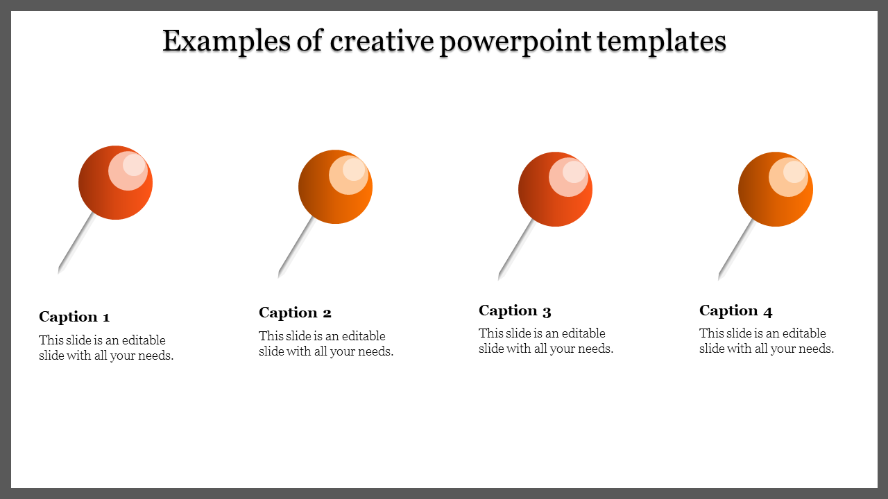 Creative slide layout with four stylized orange pushpins in a row, each linked to a caption, on a white background.