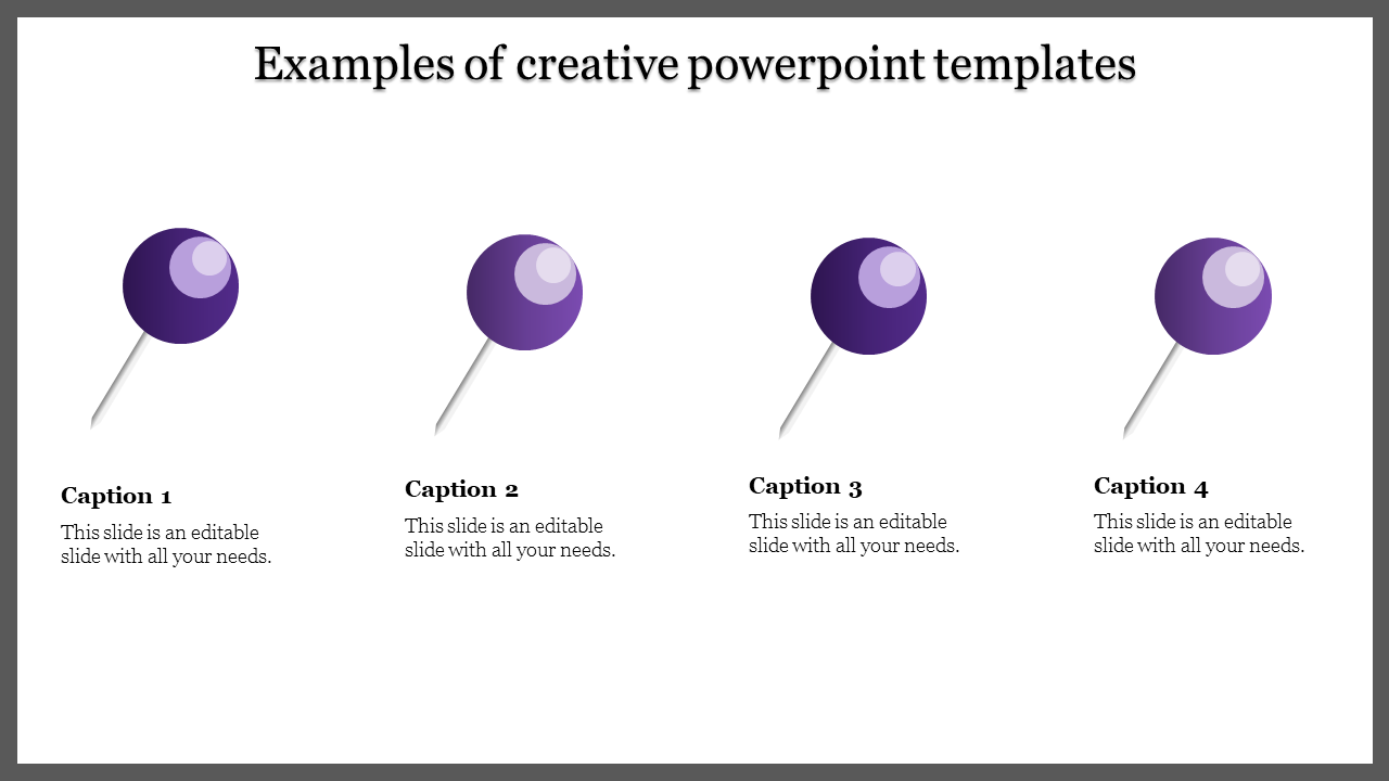 Creative template showing four purple pins with shadows and captioned text below placed in white background.